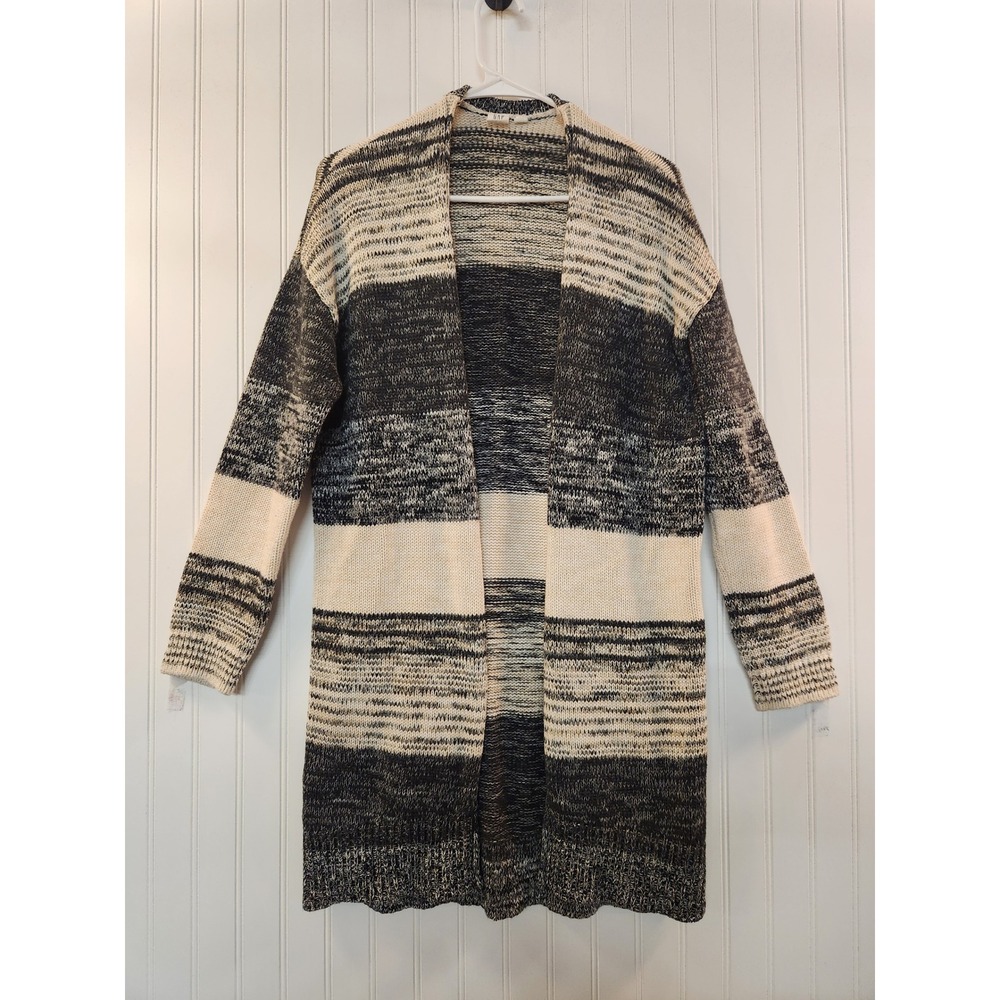 Gap Women Large Black White‎ Striped Shaker Knit Open Long Cardigan Sweater Cozy
